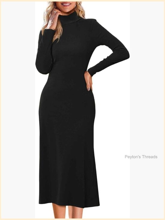 Dresses & Skirts - Turtleneck Long Sleeve Ribbed Knit Maxi Sweater Dress Pull On A-Line